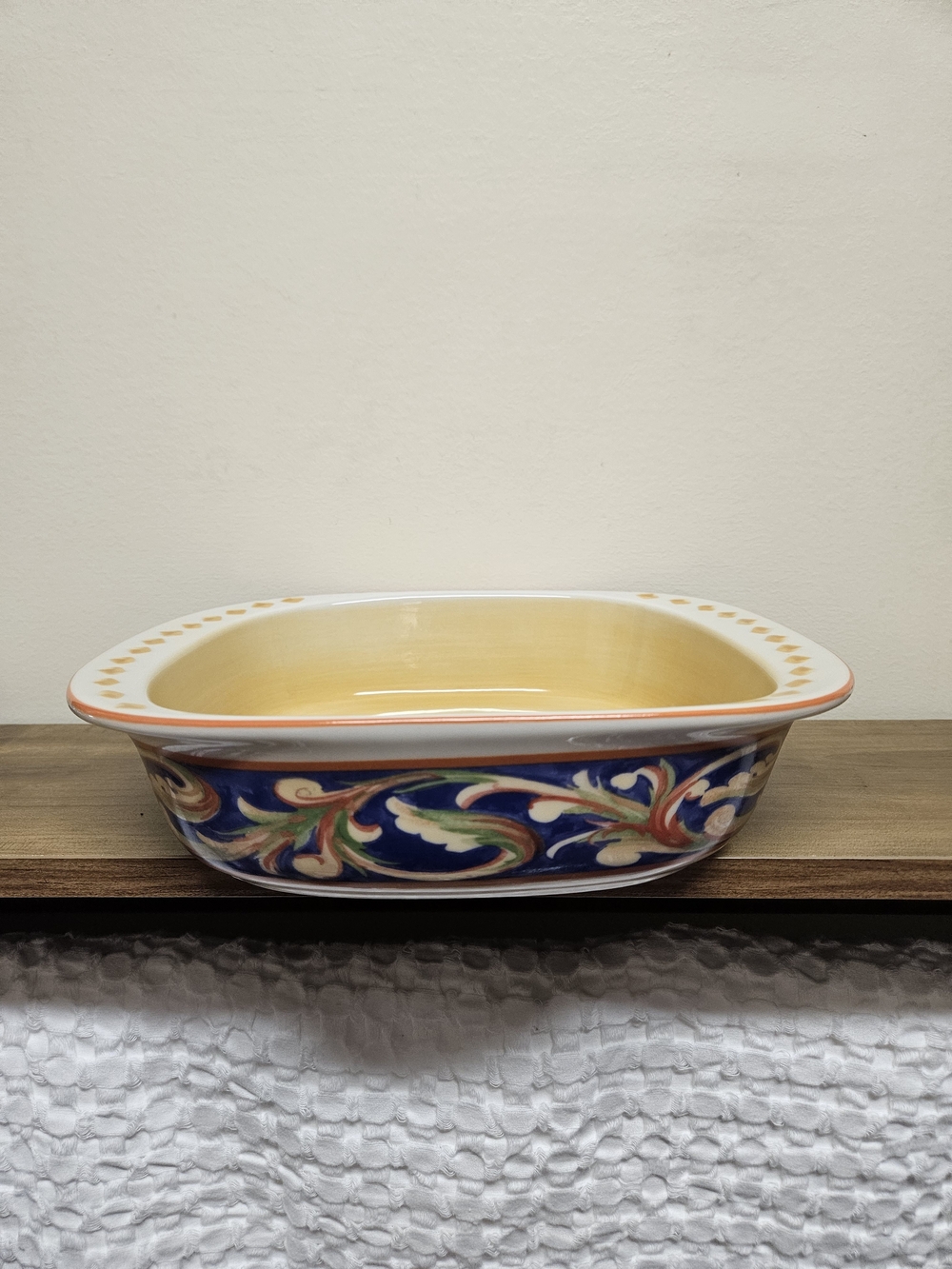 Vintage Pfaltzgraff Decorative Blue Ceramic Baking Dish with Yellow Interior